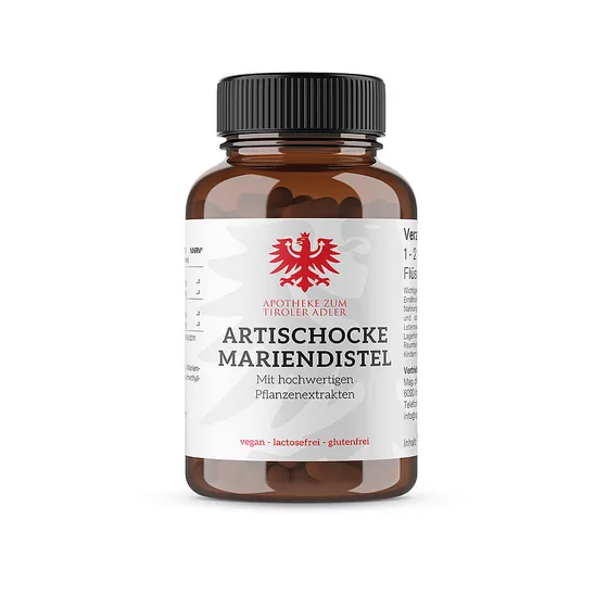 Artischocke Mariendistel der Eigenmarke Apotheke zum Tiroler Adler mit rotem Tiroler Adler am Etikett