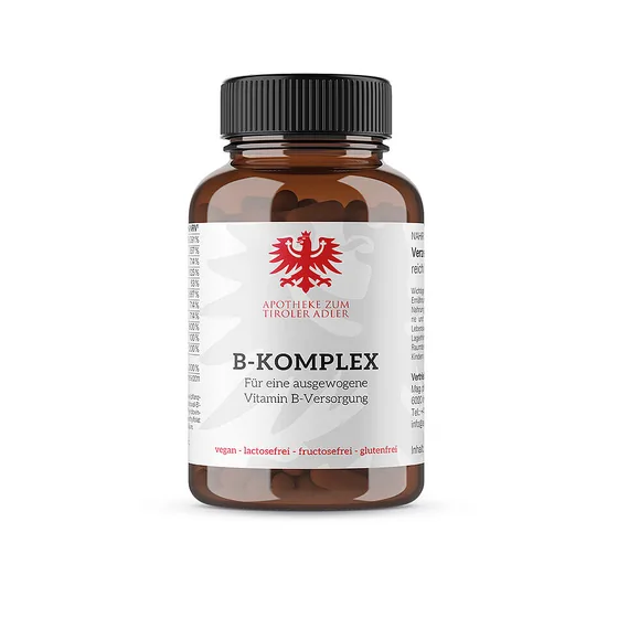 Vitamin B-Komplex der Eigenmarke Apotheke zum Tiroler Adler mit rotem Tiroler Adler am Etikett