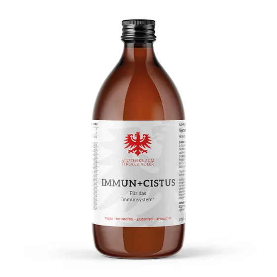 Immun + Cistus Saft der Eigenmarke Apotheke zum Tiroler Adler mit rotem Tiroler Adler am Etikett