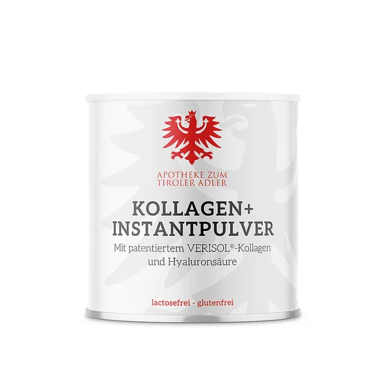 Kollagen + Instantpulver der Eigenmarke Apotheke zum Tiroler Adler mit rotem Tiroler Adler am Etikett