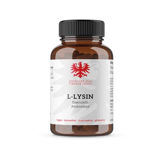 L-Lysin der Eigenmarke Apotheke zum Tiroler Adler mit rotem Tiroler Adler am Etikett