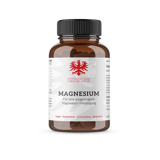 Magnesium der Eigenmarke Apotheke zum Tiroler Adler mit rotem Tiroler Adler am Etikett