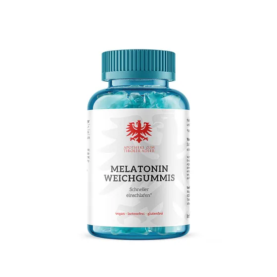 Melatonin Weichgummis der Eigenmarke Apotheke zum Tiroler Adler mit rotem Tiroler Adler am Etikett