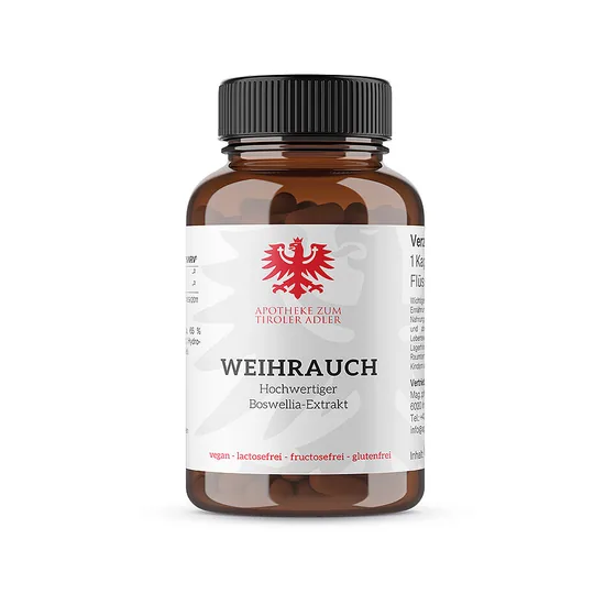 Weihrauch der Eigenmarke Apotheke zum Tiroler Adler mit rotem Tiroler Adler am Etikett