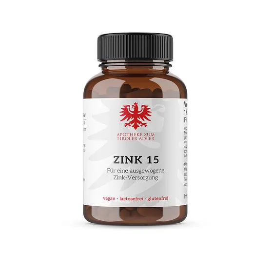 Zink 15 der Eigenmarke Apotheke zum Tiroler Adler mit rotem Tiroler Adler am Etikett