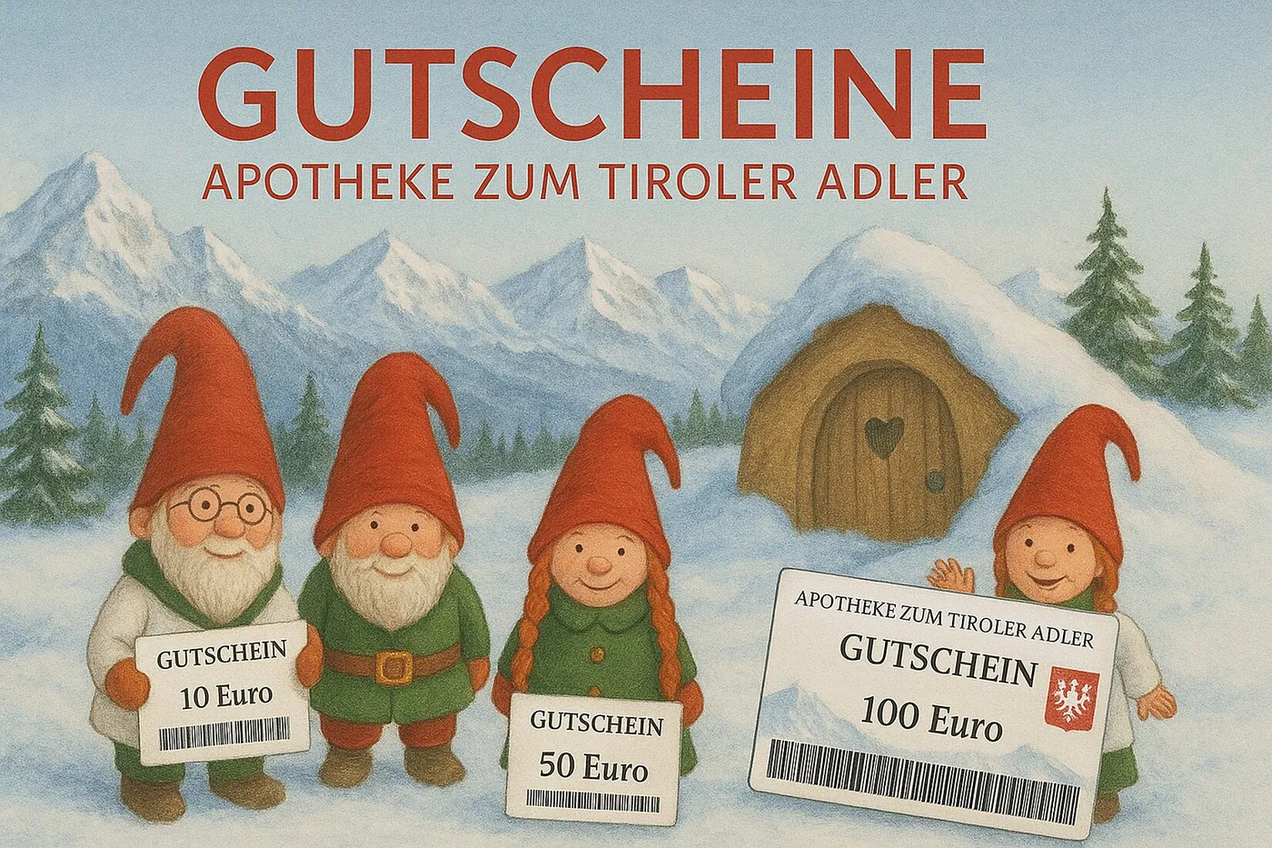 Gemalte Wichtel im Schnee halten Gutscheine der Apotheke zum Tiroler Adler über 10, 50 und 100 Euro