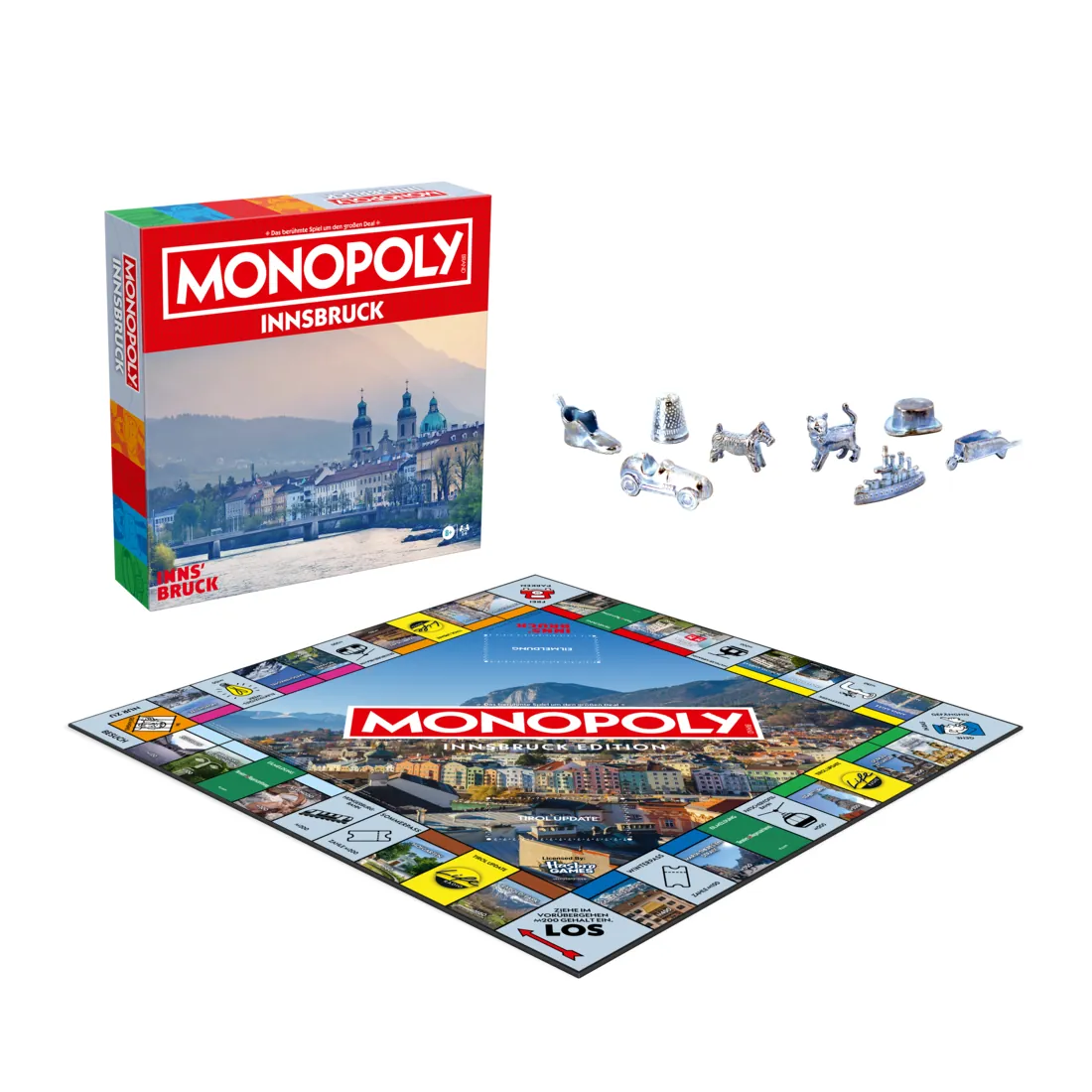 Schachtel und Spielbrett der Monopoly Innsbruck Edition mit Spielfiguren