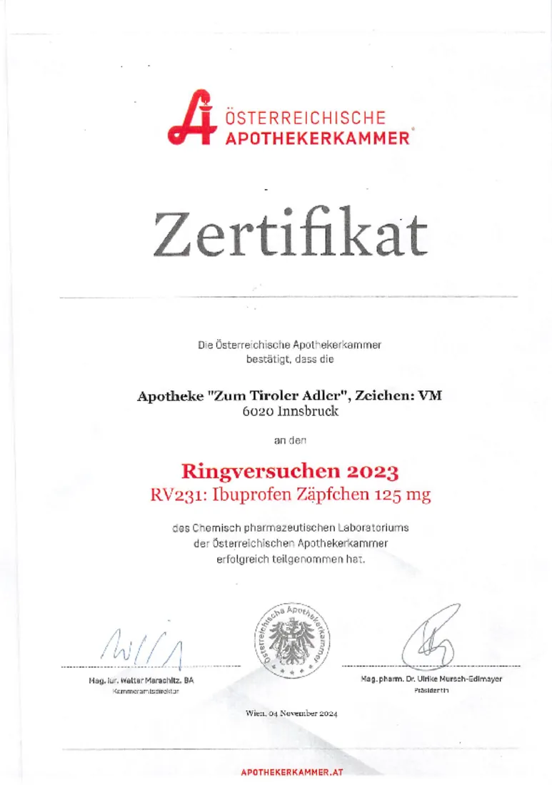 Zertifikat der Österreichischen Apothekerkammer für die Apotheke „Zum Tiroler Adler“: erfolgreicher Ringversuch 2023, Ibuprofen-Zäpfchen